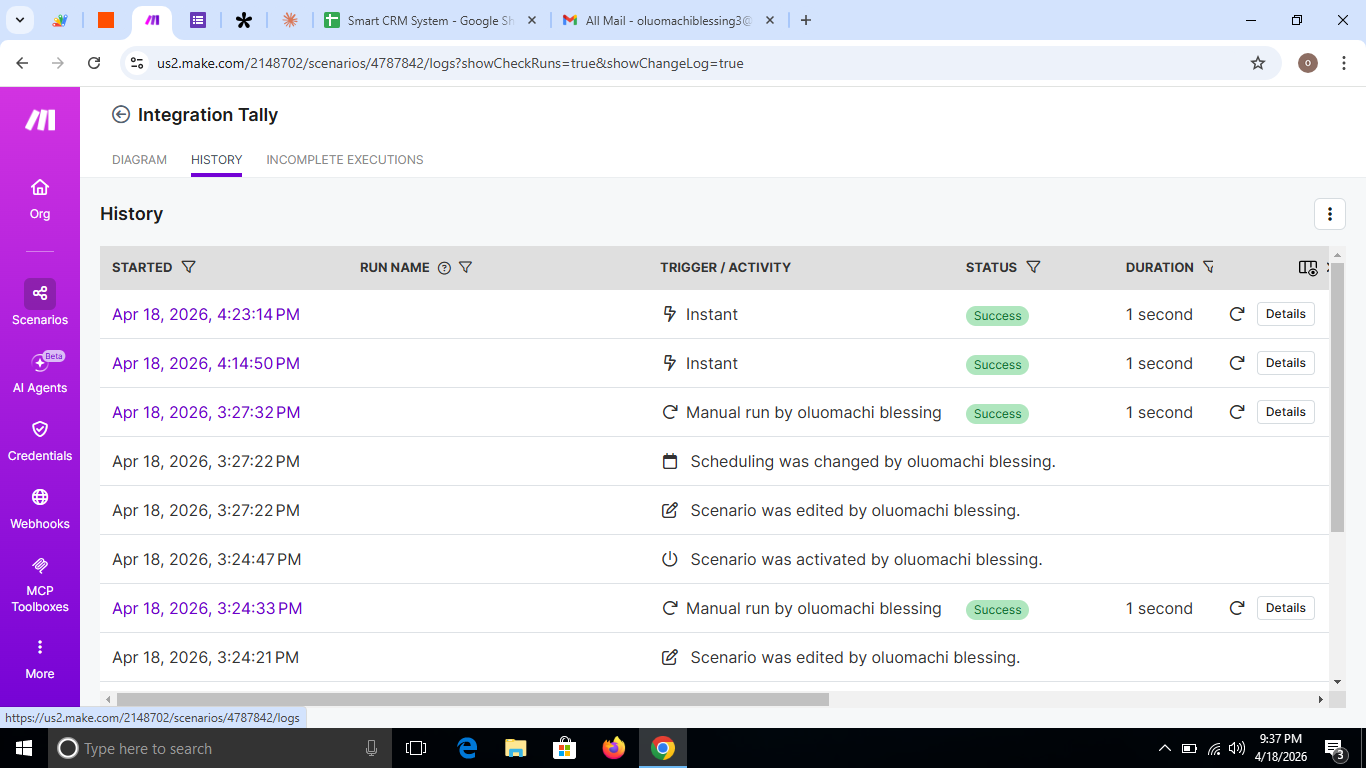 Make.com automation scenario history